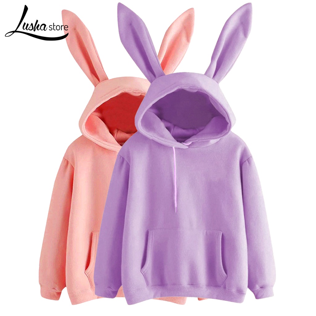 Áo hoodie Tai Thỏ Dài Màu Trơn Ấm Áp Dễ Thương Cho Nữ