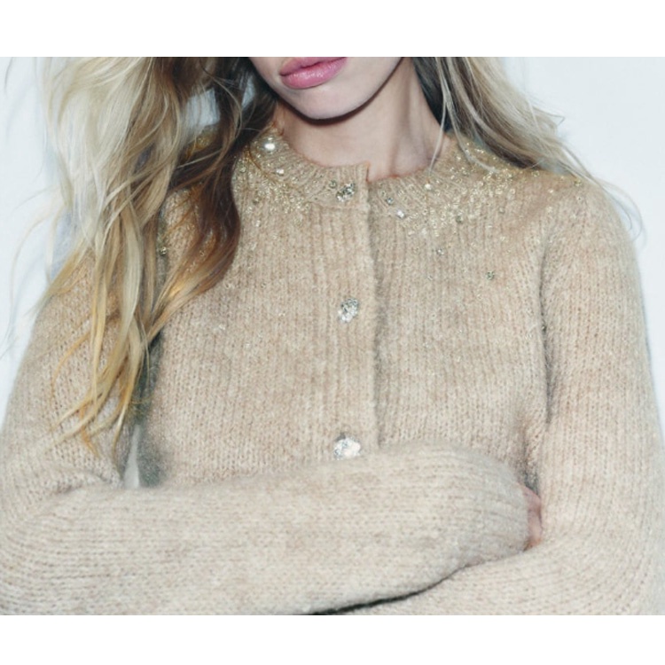 Zara Áo Khoác Dệt Kim Tay Dài Cổ Tròn Đính Hạt Thời Trang Mùa Thu 239598298 9598297