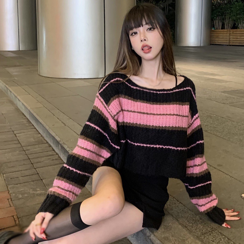 Áo Croptop Dệt Kim Tay Dài Trễ Vai Hoạ Tiết Kẻ Sọc Thời Trang Mùa Thu Cho Phái Nữ