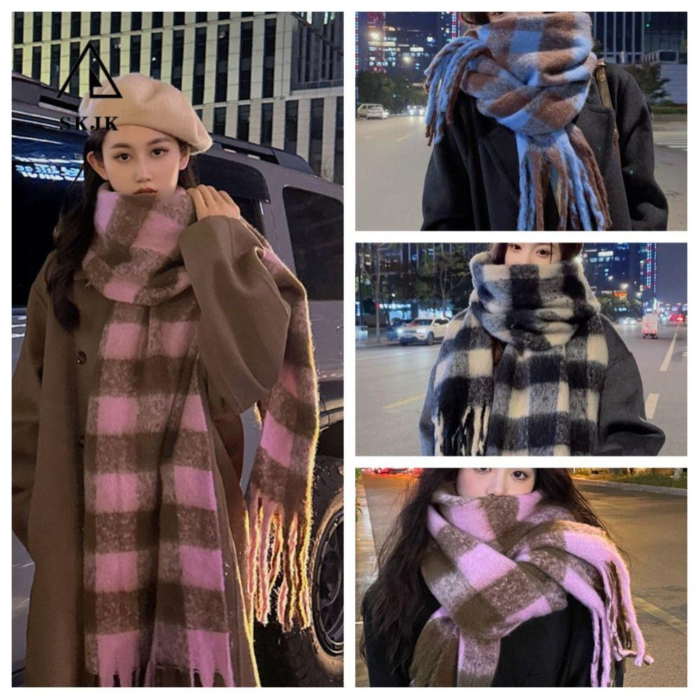 Skjk Khăn Choàng Dài Bằng Len cashmere Dày Kẻ Sọc Phối Tua Rua Thanh Lịch Phong Cách Hàn Quốc Cho Cặp Đôi