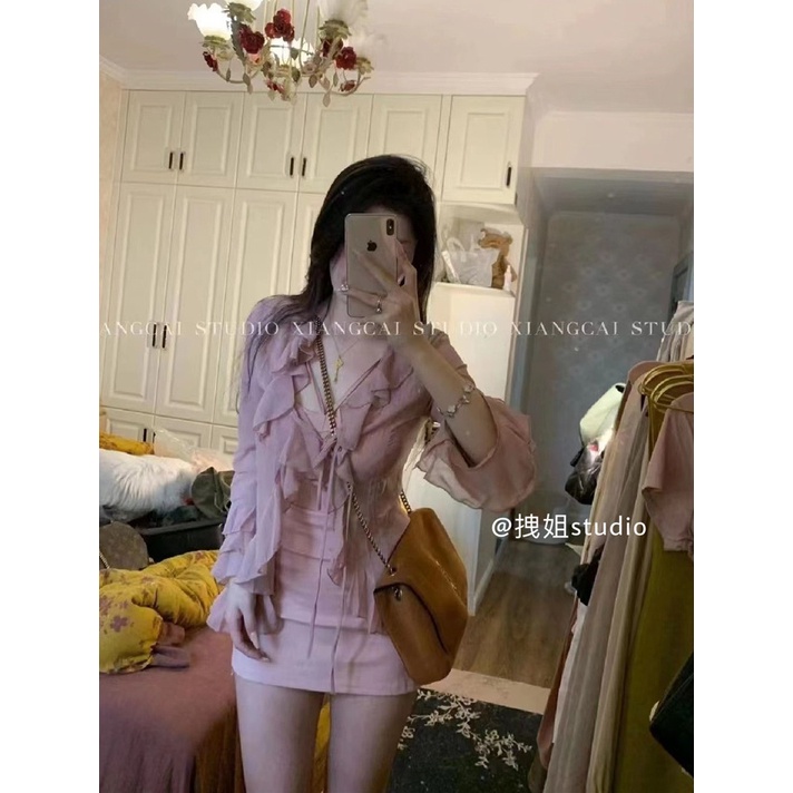 Áo cardigan Tay Dài Ôm Dáng Phối Bèo Phong Cách Hàn Quốc Thanh Lịch