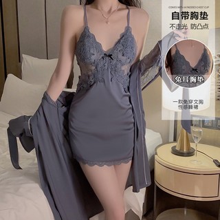 Đầm ngủ lụa satin phối ren cổ chữ v sâu lưng trần có đệm ngực gợi cảm 1170