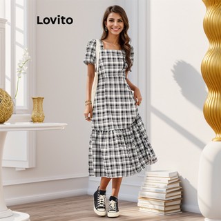 Đầm midi Lovito phong cách thường ngày họa tiết kẻ sọc xếp nếp dành cho nữ L53AD048 (đen và trắng)
