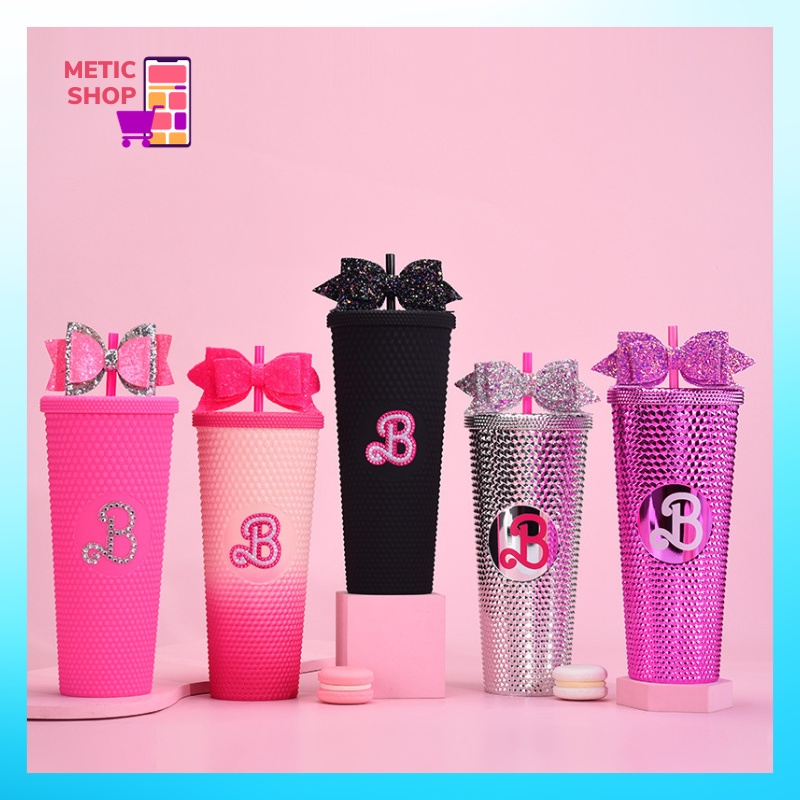 Bình Nước Barbie Kèm Nơ Siêu Dễ Thương Hai Lớp Chất Liệu Cao Cấp, Ly Tumbler Đính Đá Kim Cương Sang Trọng-METIC