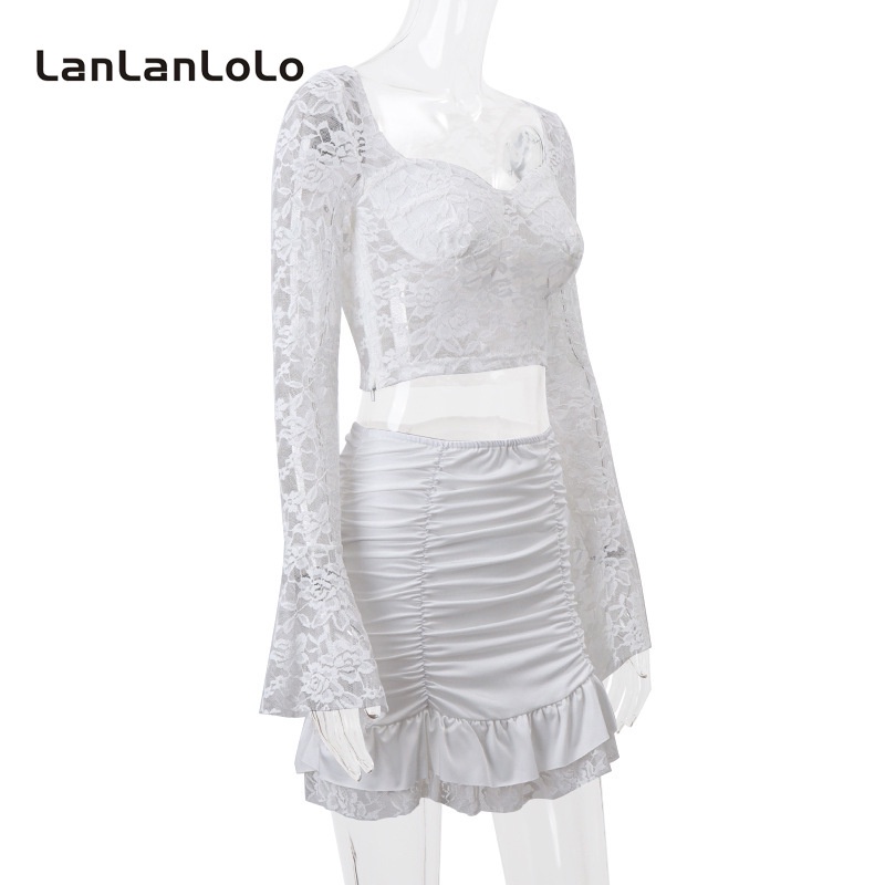 Lanlanlolo Bộ Áo Cổ Vuông Tay Chuông + Chân Váy Ngắn Màu Trơn Thời Trang 2023 Cho Nữ