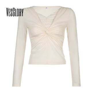 VesGlory Nữ Crop Top Thời Trang Màu Trơn Dài Tay Slim Fit Áo Thun