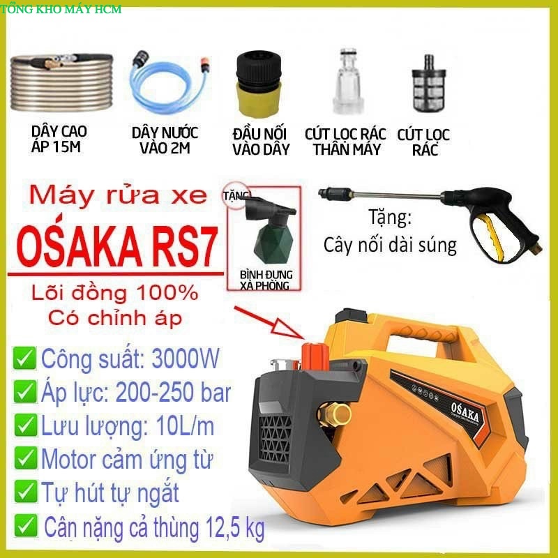 Máy rửa xe OSAKA-JAPAN RS7 (3000W) -Bảo hành 12 tháng -dây xả 15m tổng kho máy hcm