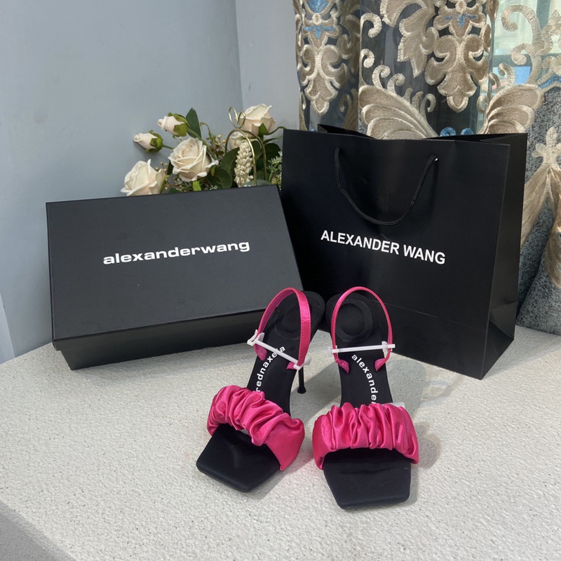 ALEXANDER WANG Dép Cao Gót 5 / 7 / 10cm Mũi Phẳng Đính Kim Cương Giả Màu Hồng Lụa Satin Nhập Khẩu Cao Cấp