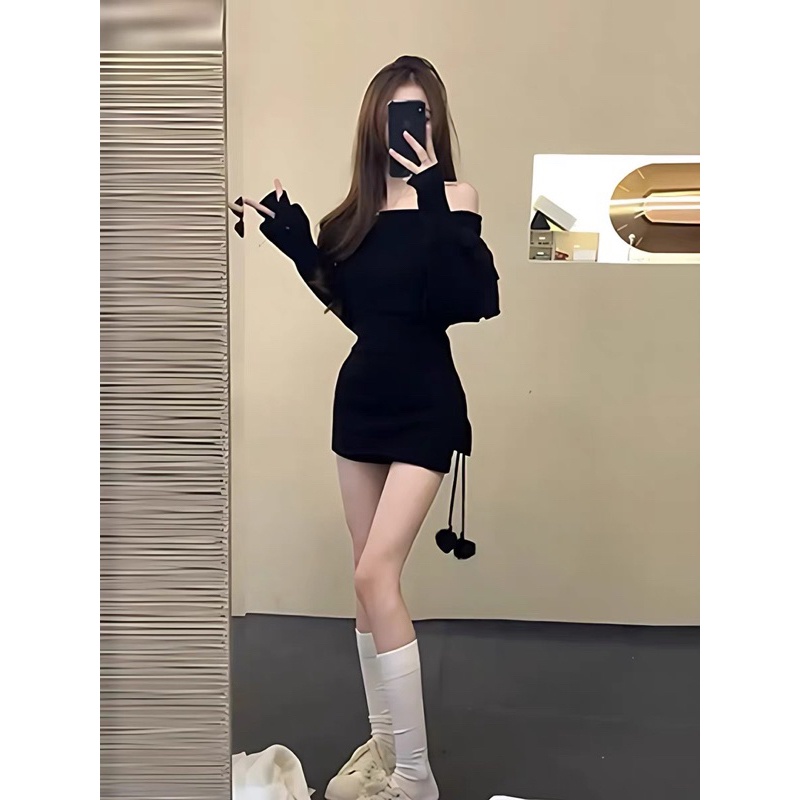 Gaeul store- áo váy len trễ vai mix quả bông
