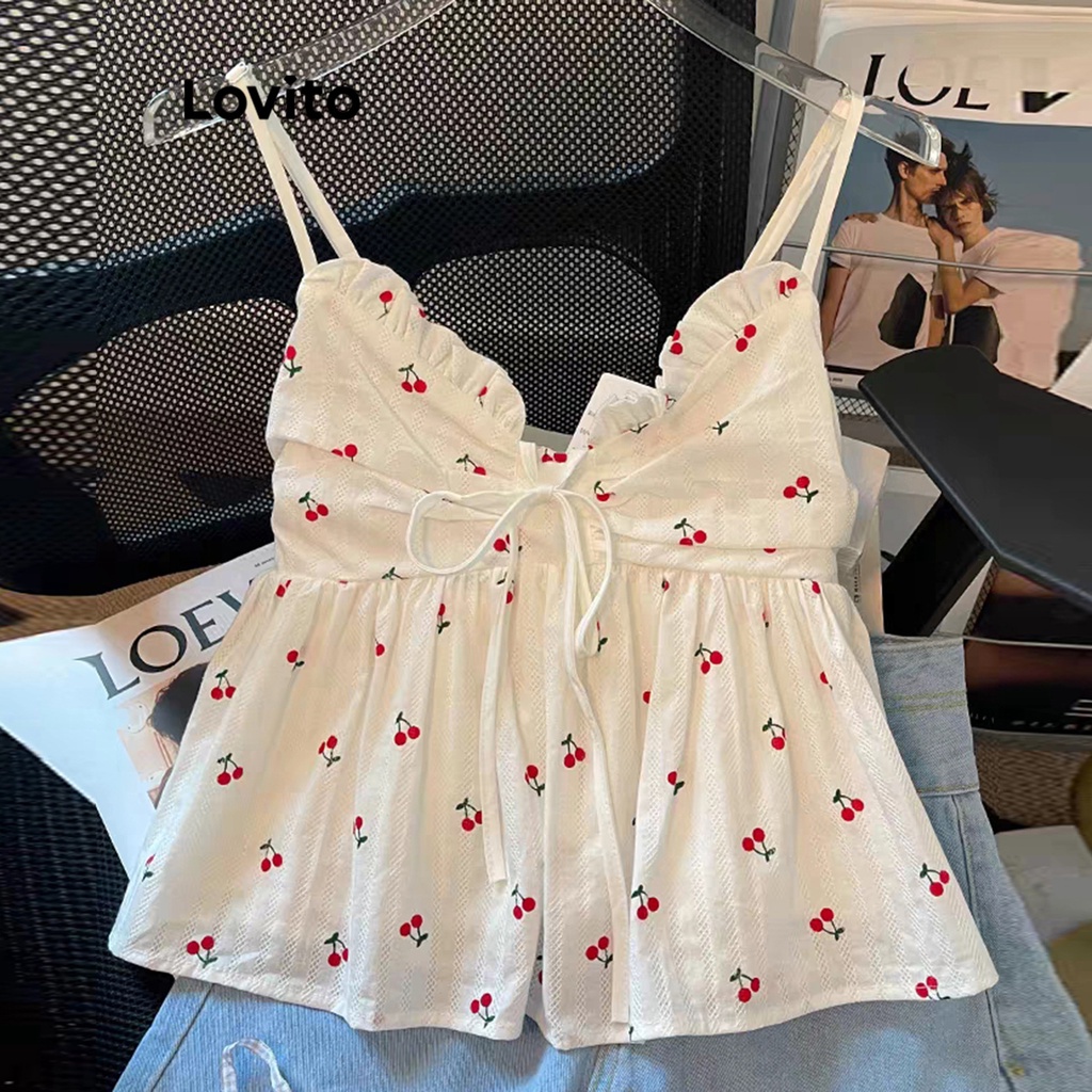 Áo sát nách Lovito thêu họa tiết xếp nếp phối dây rút hoa nhí thường ngày cho nữ LNE21190 (Nhiều màu)