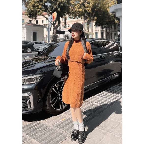 Sét đầm bầu SVL785 đầm len thừng sát nách kèm áo len croptop dài tay Tira Mama