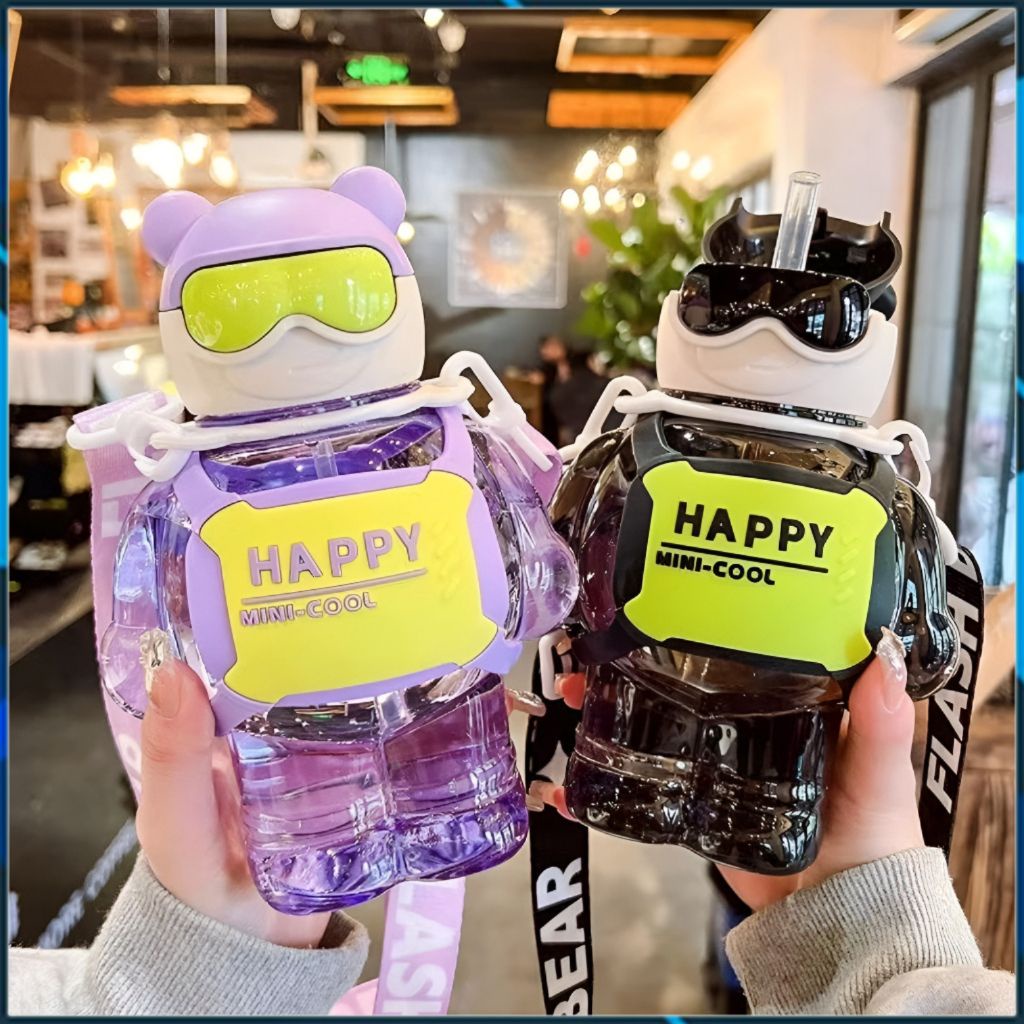 Bình uống nước Happy Cool 800ml hottrend, Bình uống nước cho trẻ em có dây đeo kèm ống hút silicon