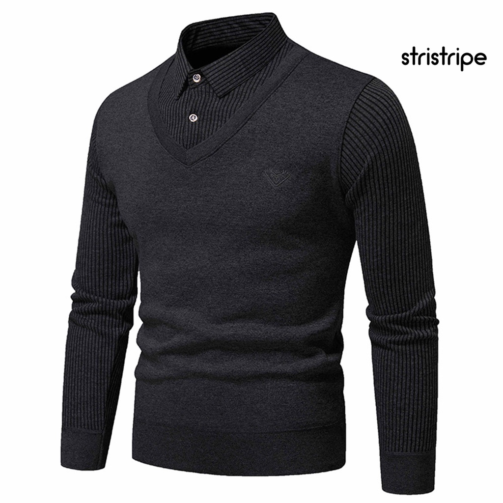 Áo Len Đan Mềm Mại Họa Tiết Sọc Hai Mảnh Cài Nút Dáng Ôm Cho Nam