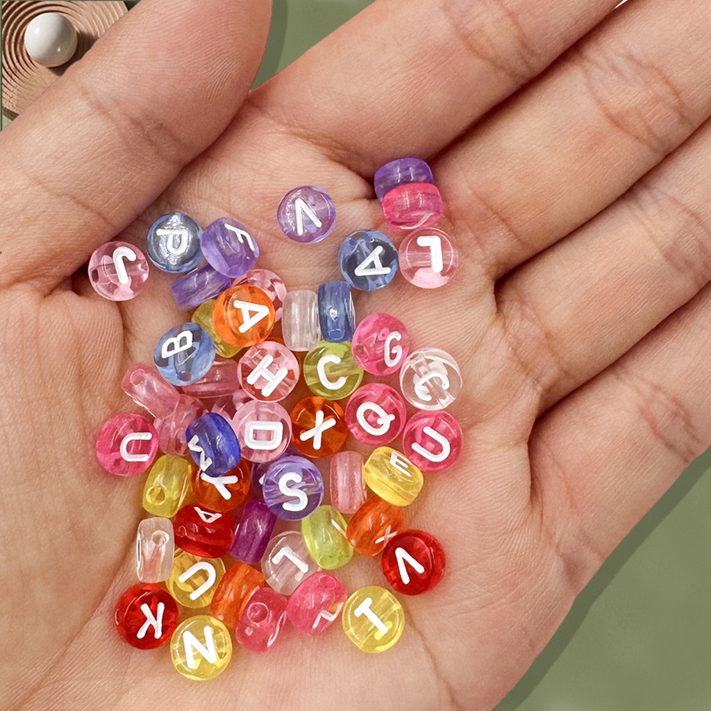 Bộ 50 Hạt Xỏ Lỗ Trong Suốt In Chữ 7mm Dùng Để Làm Trang Sức diy