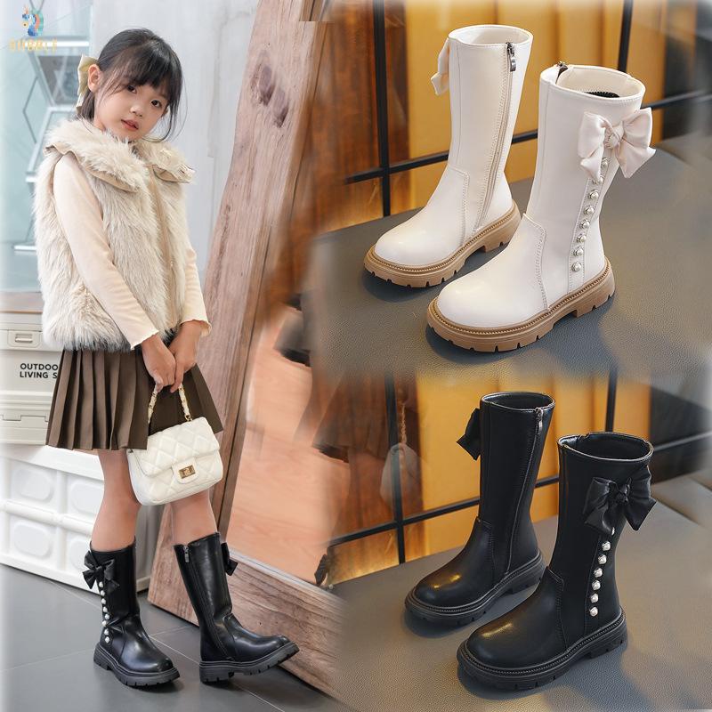 Giày Bốt Cổ Cao Đế Mềm Chống Trượt Thoáng Khí Lót Lông Cừu Đính Nơ Ngọc Trai Thời Trang Cho Bé Gái