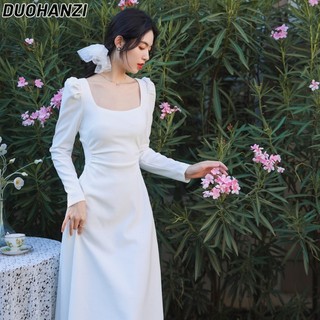 Duohanzi Váy Nữ Mùa Thu Pháp Váy Mới Cao Cấp Và Sang Trọng Cổ Vuông Trắng