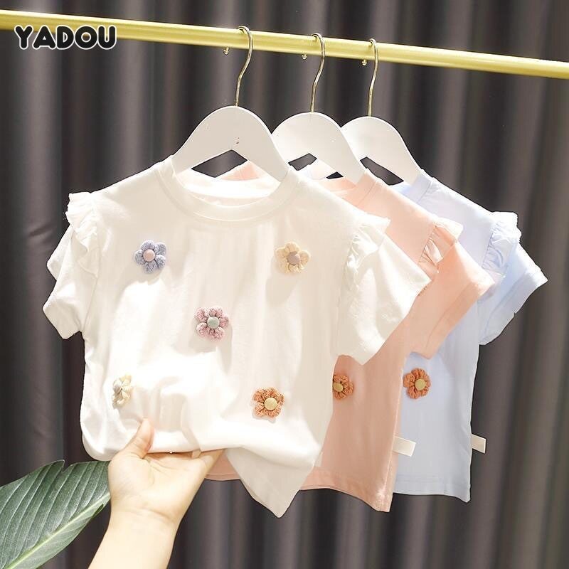 CATIMINI Áo thun tay ngắn trang trí hoa thời trang mùa hè mới xinh xắn cho bé gái 1-6 tuổi
