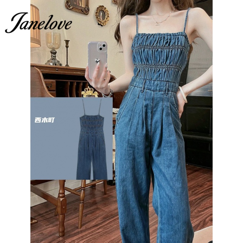 Jumpsuit Jean Xanh Đậm Dáng Rộng Xếp Ly Cá Tính Hợp Thời Trang