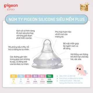 Núm Vú Silicon Siêu Mềm Plus Nhật Bản Pigeon size M