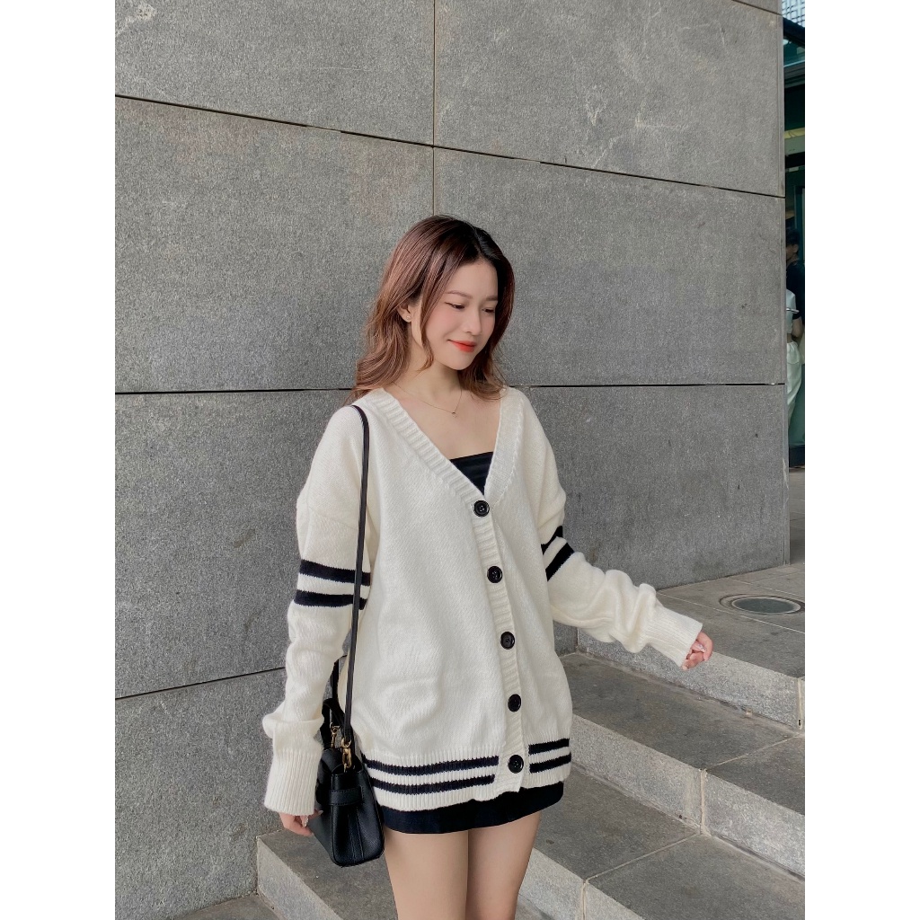 ÁO KHOÁC len cardigan nữ sọc viền tay - . - CDGlenvachtay9916_Be_P7K1