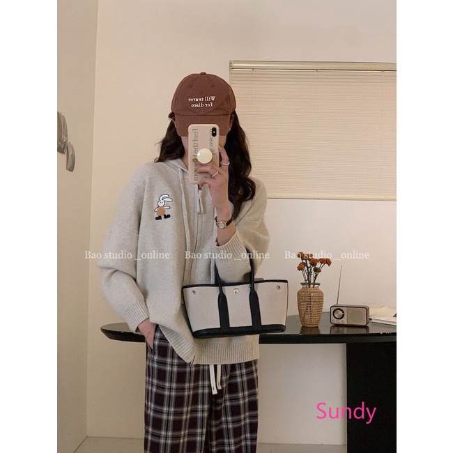 Plus Áo Khoác cardigan Dệt Kim Phối Khóa Kéo Thêu Hình Thỏ Xinh Xắn Cho Nữ