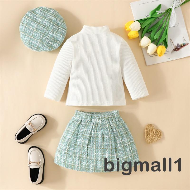 Set Đồ 3 Món Gồm Áo Tay Dài Màu Trơn + Váy + Mũ beret Họa Tiết Sọc Caro Cho Bé Gái 6 Tháng-3 Tuổi