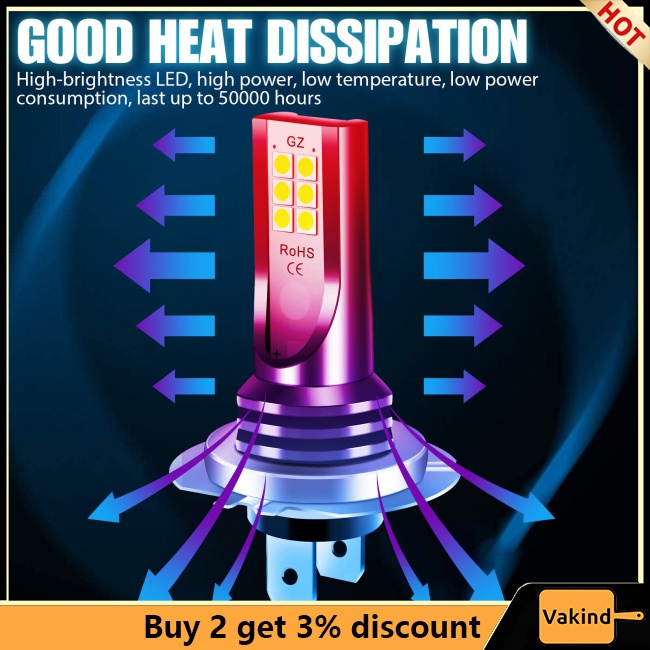 Vakind Set 2 Đèn Pha h7 led 110w 30000lm Siêu Sáng 6000k Ánh Sáng Trắng Cho Xe Hơi