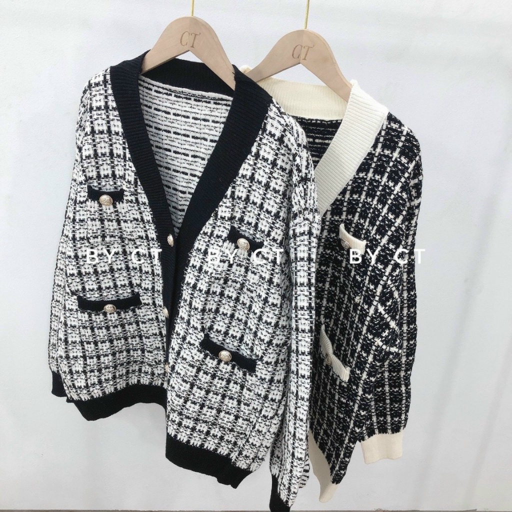 Áo len nữ Cardigan kẻ caro, Áo khoác phong cách Hàn Quốc dày dặn siêu hot | BigBuy360 - bigbuy360.vn