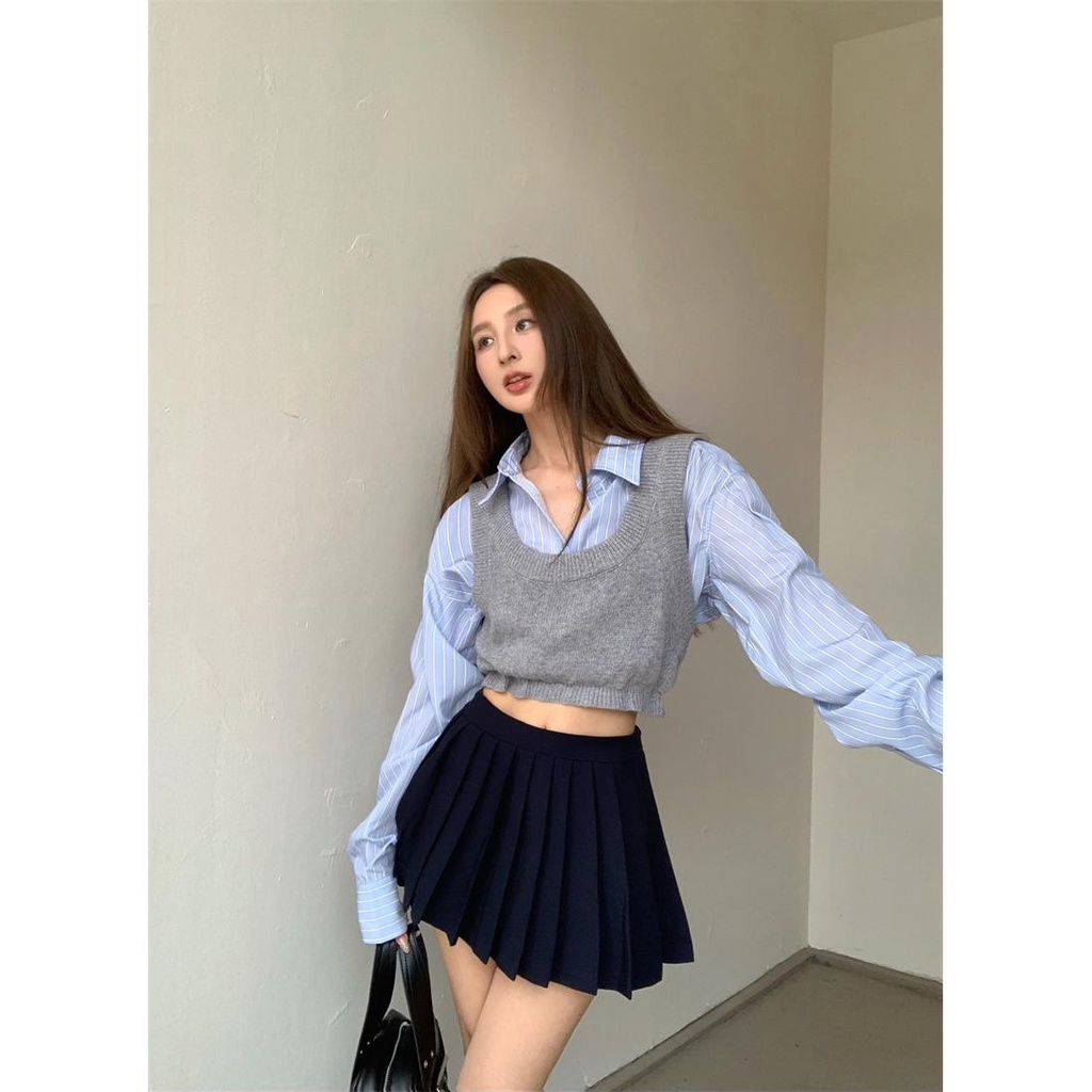 Set Áo Sơ Mi Kẻ Sọc Dài Tay + Áo Khoác Ghi Lê + Chân Váy Xếp Li Thời Trang Dành Cho Nữ 3n