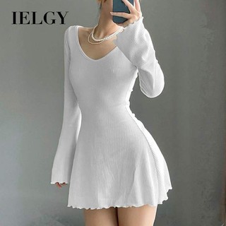 IELGY Pure Desire Cổ chữ V dày dặn ren màu trơn eo giảm béo Váy chữ A dành cho nữ