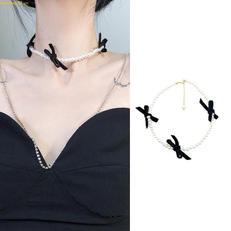Vòng Cổ choker Đính Hạt Ngọc Trai Và Nơ Màu Đen Thời Trang