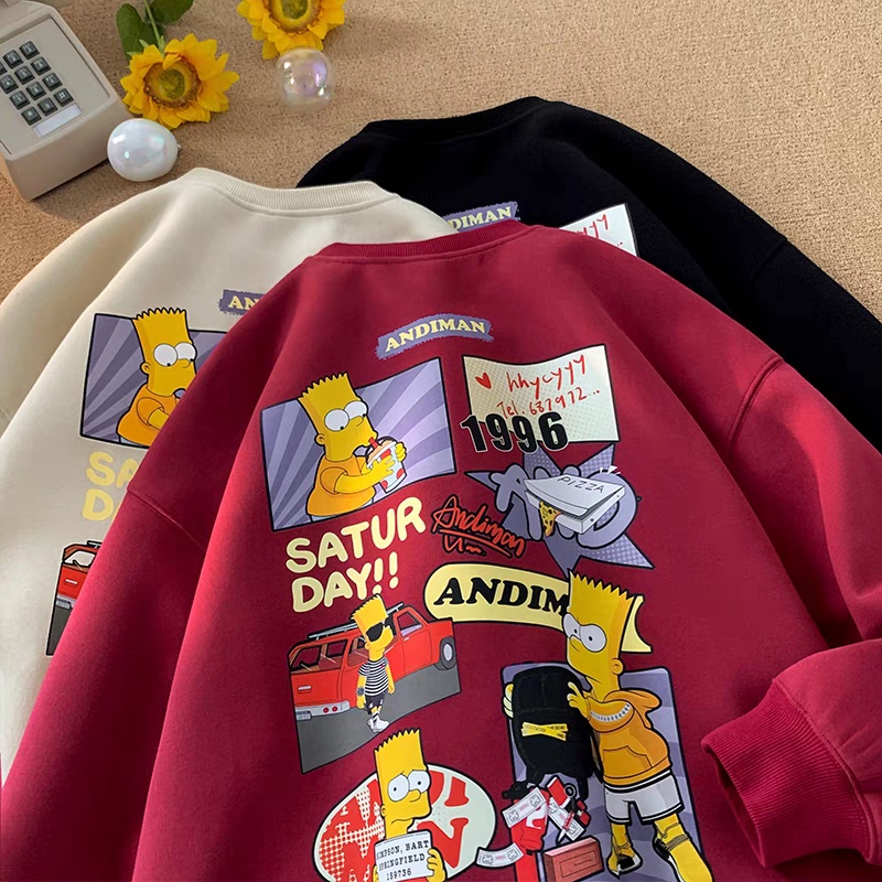 Áo sweater Nhung Dày Cổ Tròn In Hình simpson Hoạt Hình Phong Cách hip hop Mỹ Cho Nam Nữ