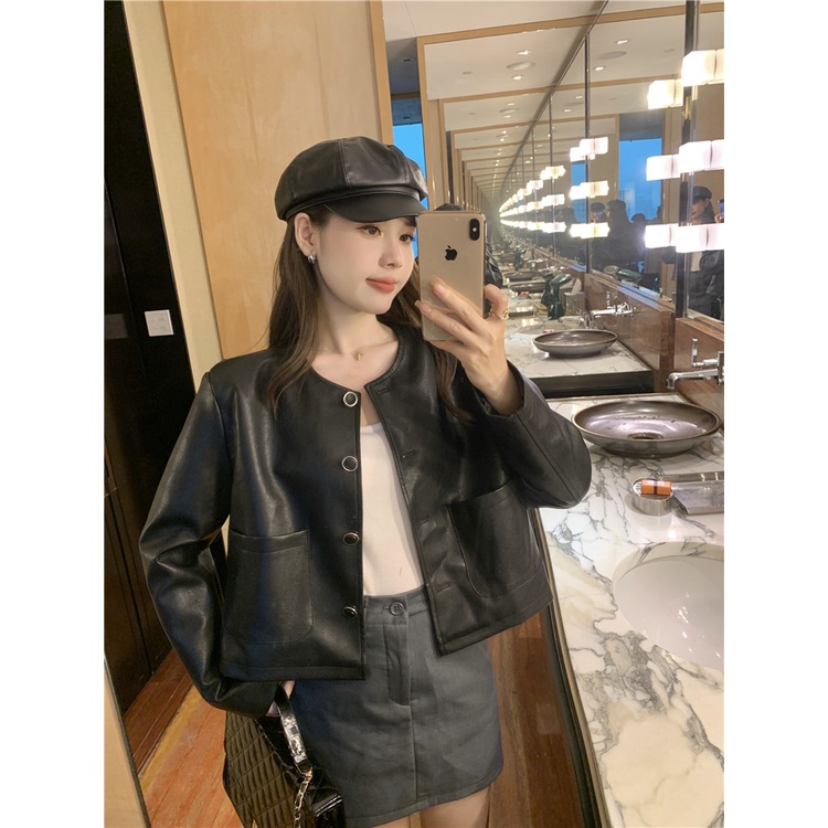 Lisynn Áo Khoác Da pu Dài Tay Phong Cách retro Cho Nữ