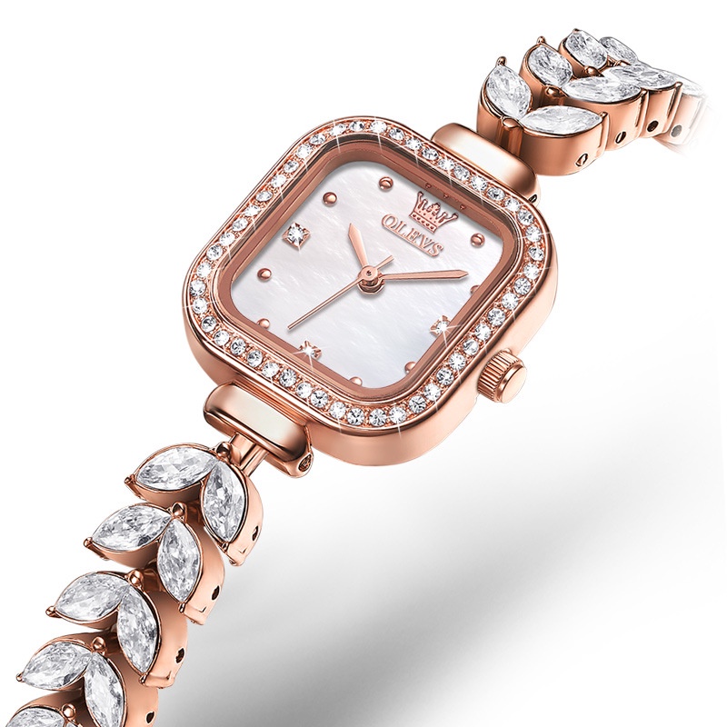 Đồng Hồ quartz Nữ Mặt Vuông Đính Kim Cương Tinh Tế Chống Nước Mẫu Mới 2023 Oves 9987