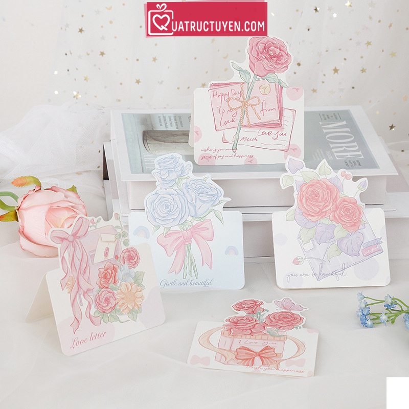 Thiệp, bưu thiếp quà TH04 hình bó hoa romantic hoa hồng, tulip thiệp giấy chúc mừng màu sắc tươi tắn