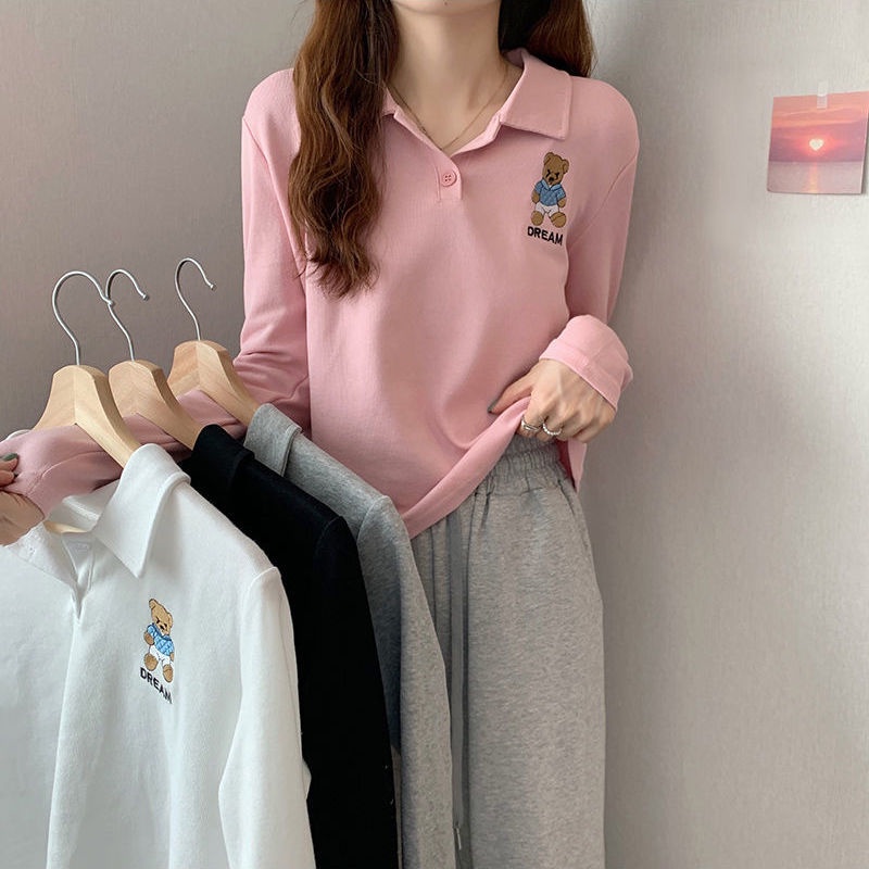 Áo Thun polo Tay Dài Thêu Hình Gấu Thời Trang Mùa Thu 2023