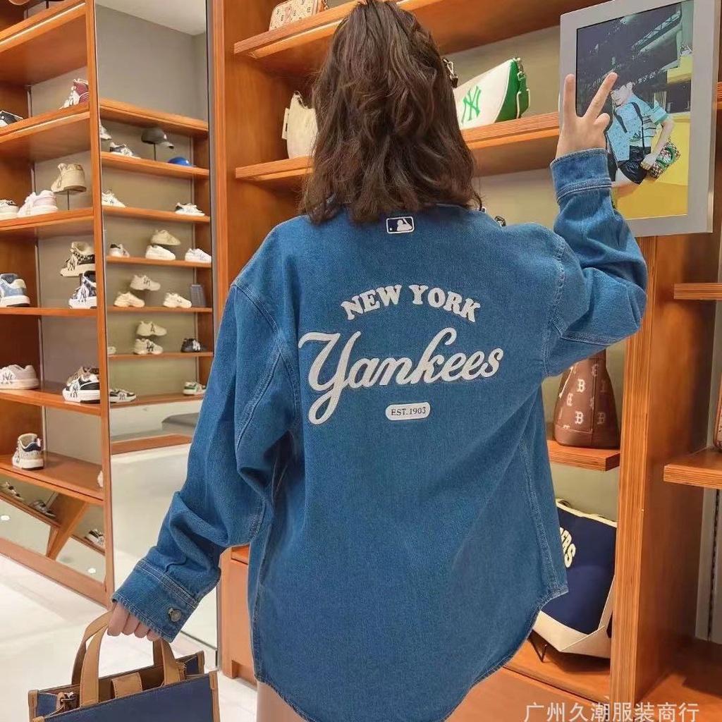 Áo Khoác denim Thêu logo mlb Mùa Thu Phong Cách Mới Cho Cặp Đôi