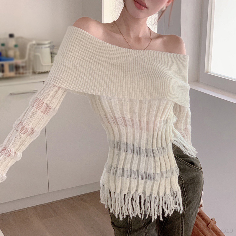 Áo sweater Tay Dài Hở Vai Phối Tua Rua Màu Trơn Giữ Ấm Mùa Thu Cho Nữ