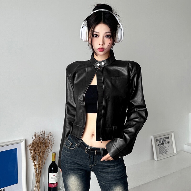 Weird Puss Áo Khoác Da pu Tay Dài Dáng Rộng Có Khóa Kéo Phong Cách Đường Phố Thời Trang Mùa Thu Cho Nữ