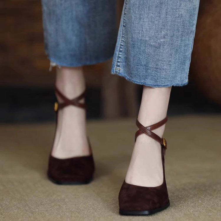Giày Cao Gót Da Lộn Mũi Vuông Thời Trang Cho Nữ size 34-39