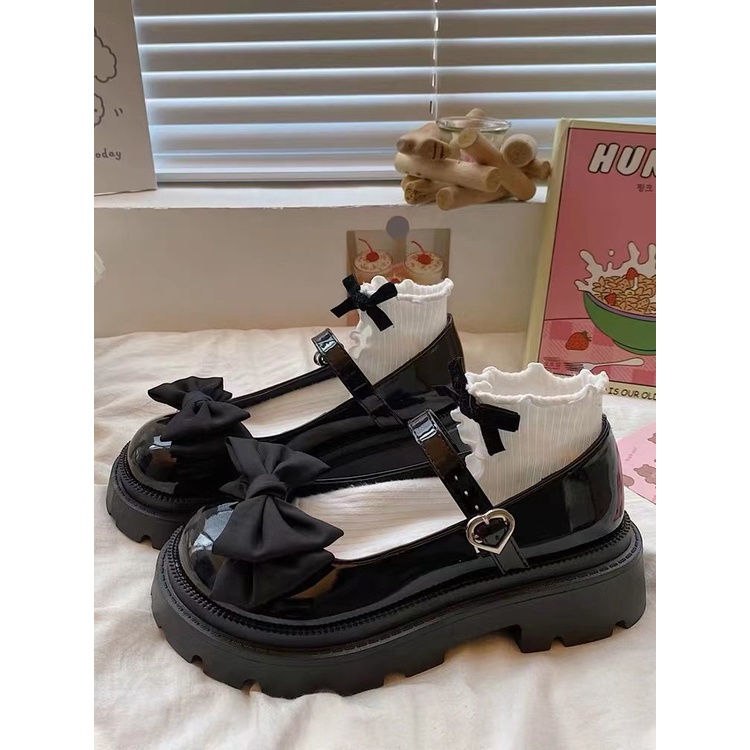 Giày búp bê da đế dày đính nơ to phong cách Nhật Bản thời trang hè 2023 cho nữ
