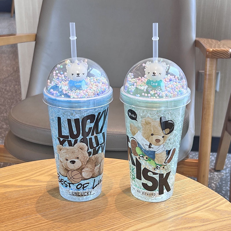 Bình Nước Nhựa Hai Lớp Có Ống Hút Họa Tiết Gấu teddy Hoạt Hình Chất Lượng Cao 450ml