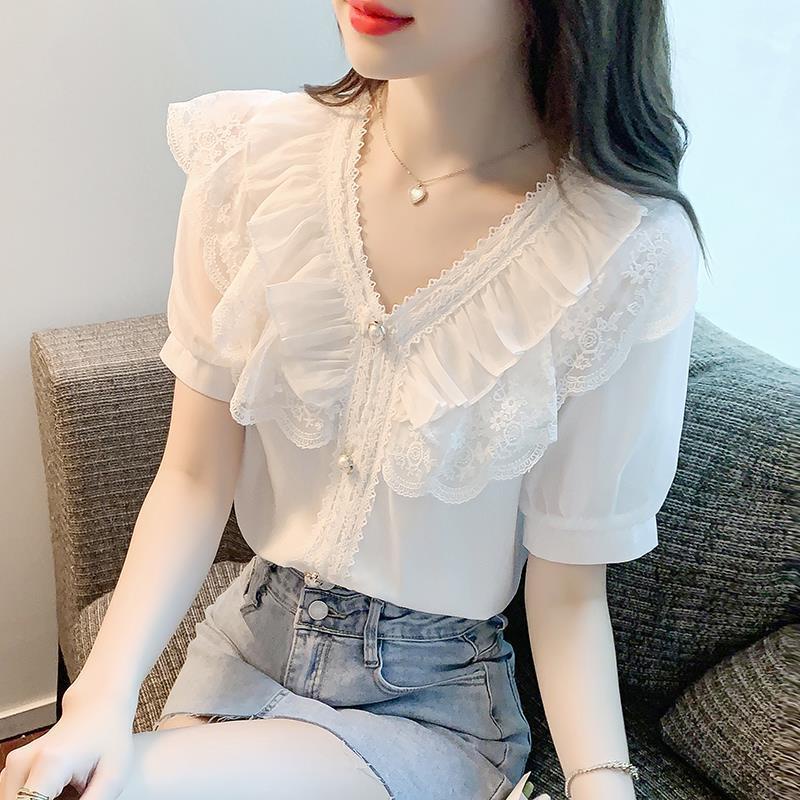 Áo Sơ Mi Voan Trắng Tay Ngắn Cổ Chữ V Ren Ngọt Ngào Mới Mùa Hè