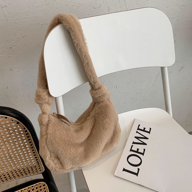 MOUSSON  Túi Xách Lông Nhung Màu Trơn Thời Trang Thu Đông Dành Cho Nữ