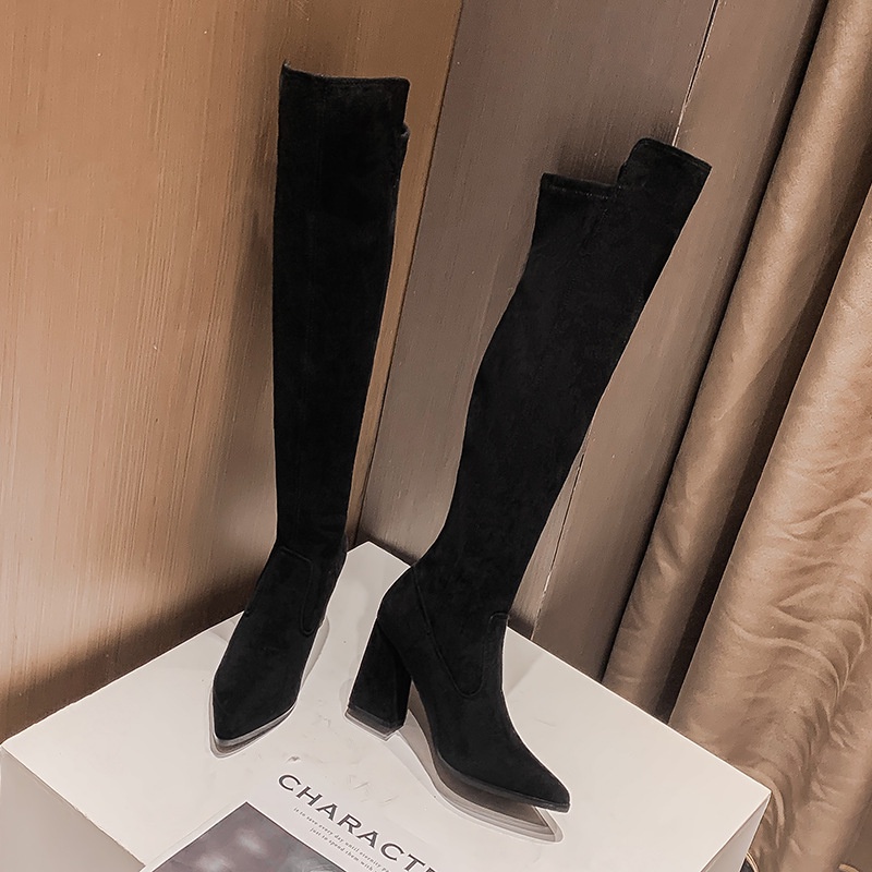 Giày Bốt Cao Gót Da Lộn Mỏng Cao Qua Gối Thời Trang Thu Đông 2023 Phong Cách Mới Cho Nữ