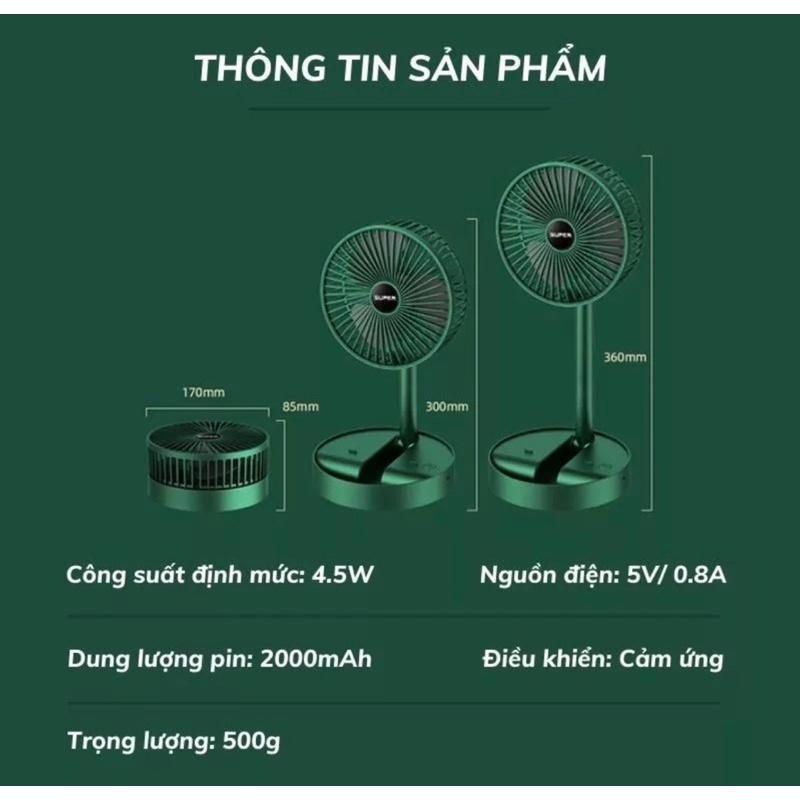 Quạt tích Điện mini cầm tay gấp gọn Super 3 Chế Độ Gió tản nhiệt công suất mạnh