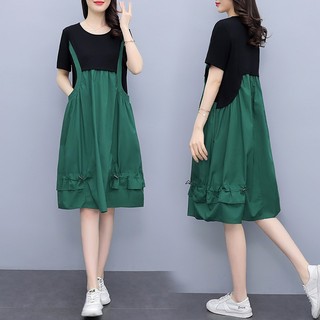 Plus Size Oversize 80KG Phong Cách Hàn Quốc Nữ Mùa Hè Giả Hai Mảnh Nữ Tay Ngắn Giữa Chiều Dài Đầm