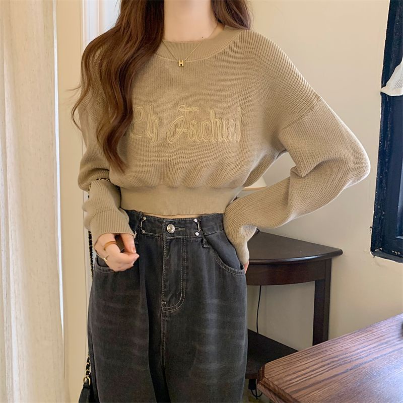 Áo sweater Tay Dài Cổ Tròn Eo Cao Thêu Chữ Thời Trang Xuân Thu Cho Nữ