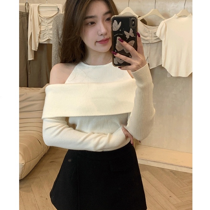 Áo Len Tay Dài Hở Vai Thời Trang Thu Đông Kiểu Mới Quyến Rũ Cho Nữ