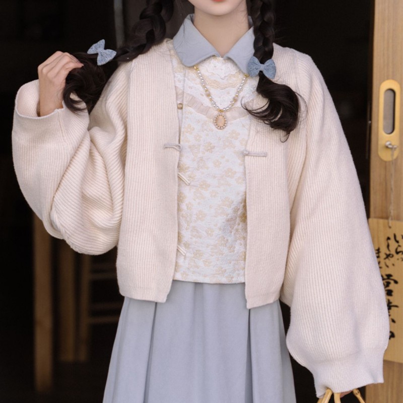 Áo Khoác cardigan Dệt Kim Thiết Kế Cổ Chữ v Phong Cách Trung Hoa